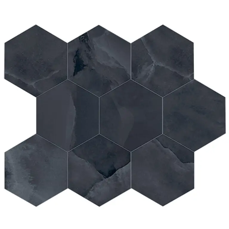 Hexagonale zwarte marmeren tegels in honingraatpatroon van Onyx Ek Black mozaiek pulido