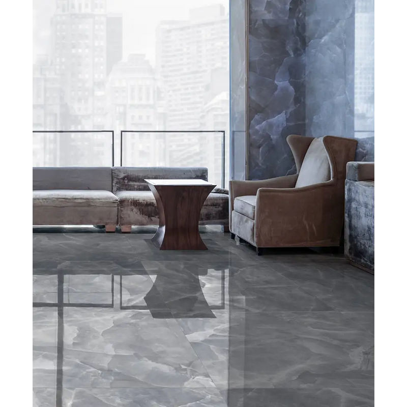 Polished grey marble floor with dramatic veining: Onyx Ek Grey Pulido 120x120 Rett