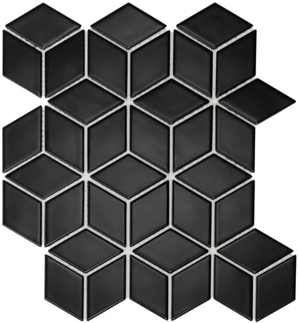 Black matt keramische hexagonale mozaïek tegels met 3D kubus effect PACU925 Black Matt