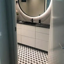 Moderne PACUMIX1 glossy wastafel met verlichte ronde spiegel en zwart marmeren blad