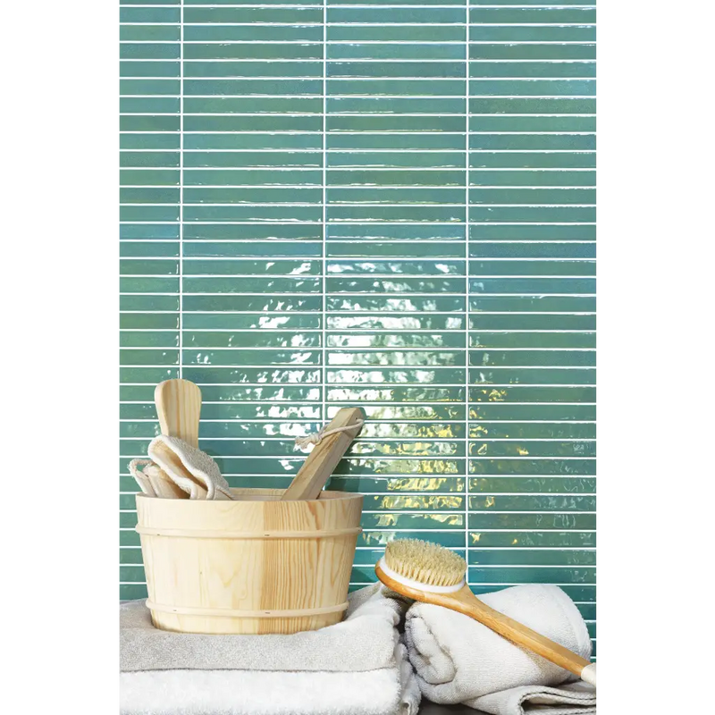 Lichte groene rechthoekige Pencil Kromo Sage mozaiektegel 35x35cm met witte voeg