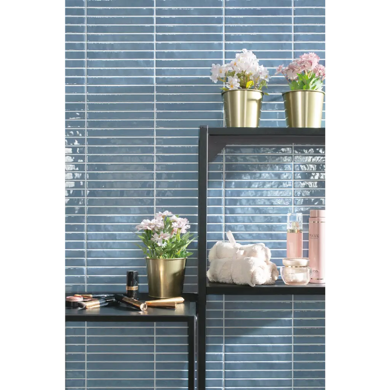 Blauwe metro mozaiektegel met glanzende afwerking, Pencil Kromo Teal 35x35cm