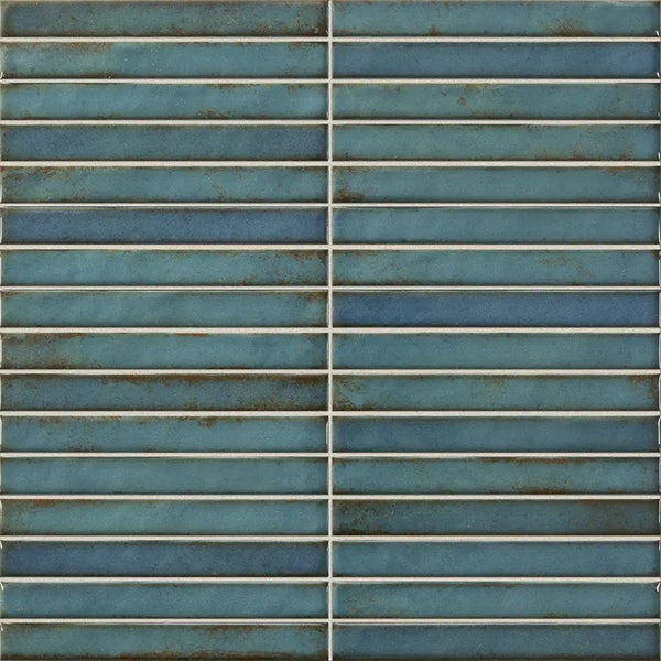 Teal blue keramische subway tiles met distressed finish, Pencil Raku turquoise mozaiektegel 35x35cm