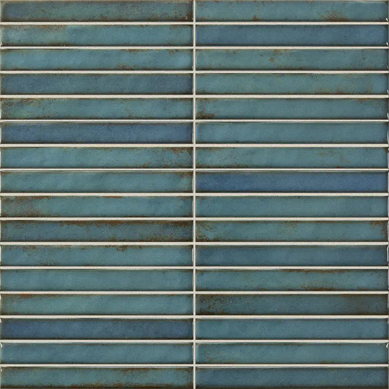 Teal blue keramische subway tiles met distressed finish, Pencil Raku turquoise mozaiektegel 35x35cm