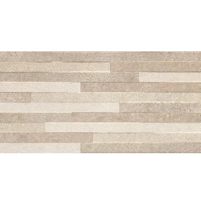 Beige stenen wandtegel met een gestapeld lineair patroon, Pierre Taupe Decor 30x60 rett