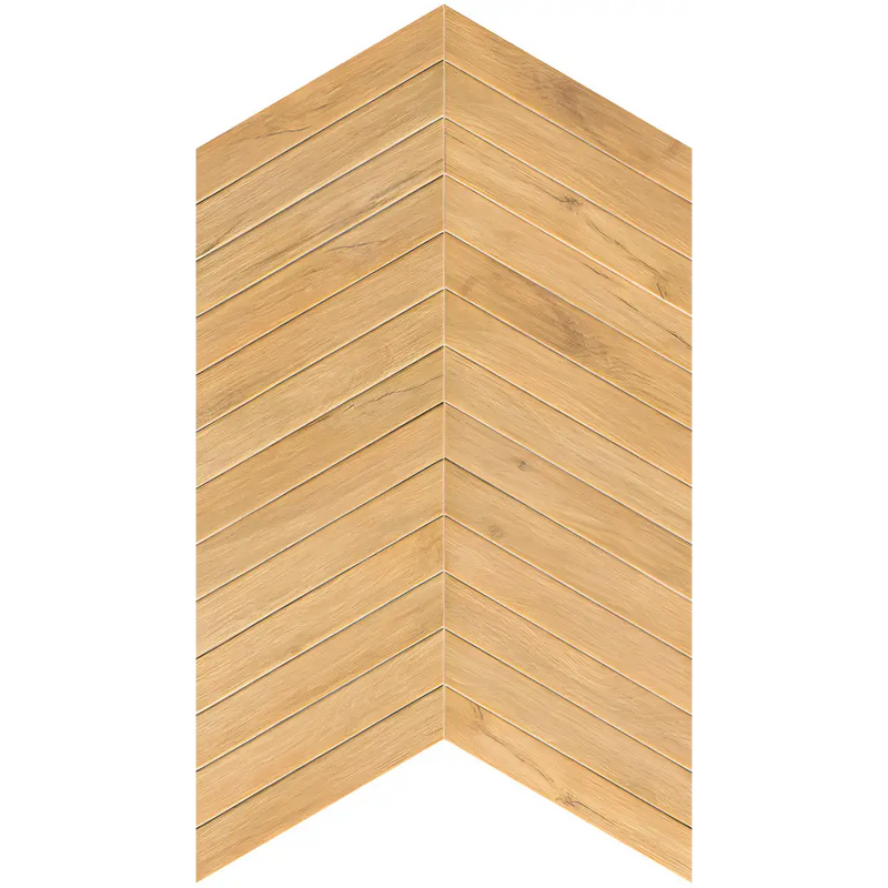 Lichte houten planken in chevronpatroon van Plein Air Gold Chevron 7,5x45