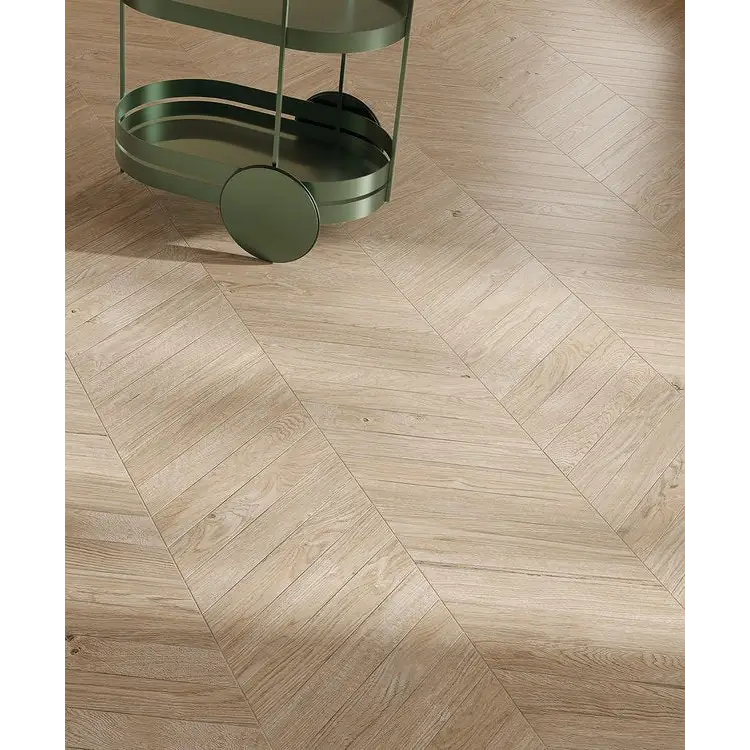 Light oak hardwood flooring in chevron pattern from Plein Air Light Chevron 7,5x45