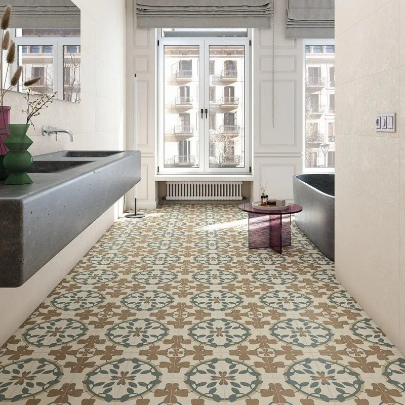 Ornate tile floor met bruin hartvormig bladpatroon voor een prachtige sfeer creëren