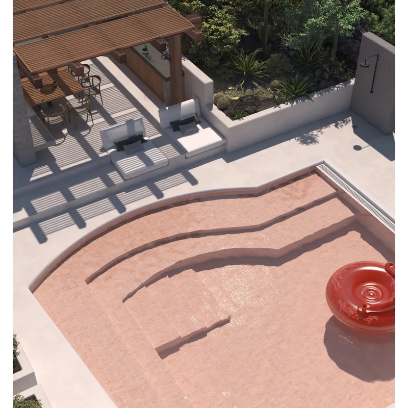 Curved concrete steps in Premium Koko Orchard Pink finish for stylish outdoor spaces