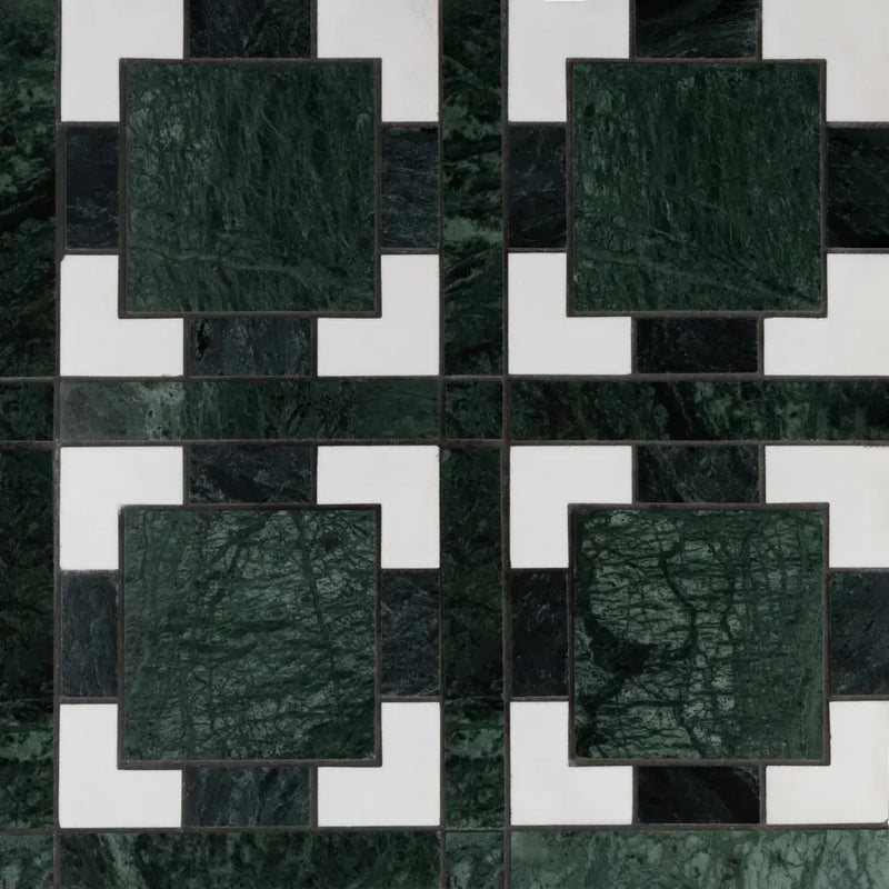Donkergroene quara 30x30 cm vloertegels met geometrisch patroon van witte en zwarte marmeren mozaïektegels