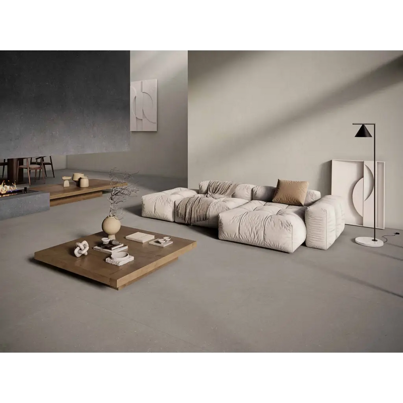 Beige modulair hoekbank rift greige 120x120 met zachte getufte kussens en minimalistisch design
