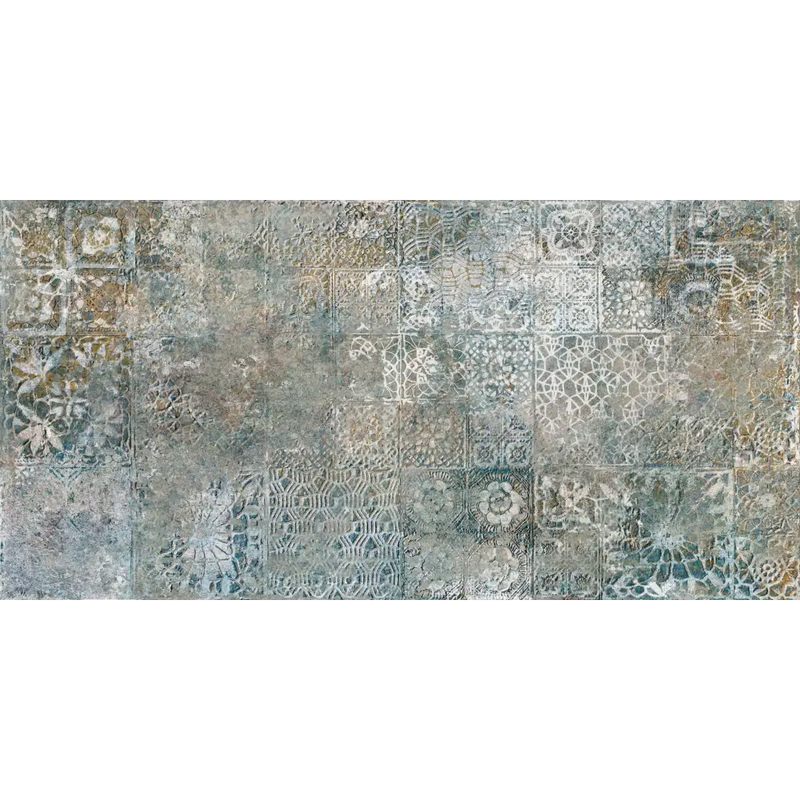 Textured rift rainbow vania decor 60x120 tile with muted gray blue beige geometric and floral patchwork patterns