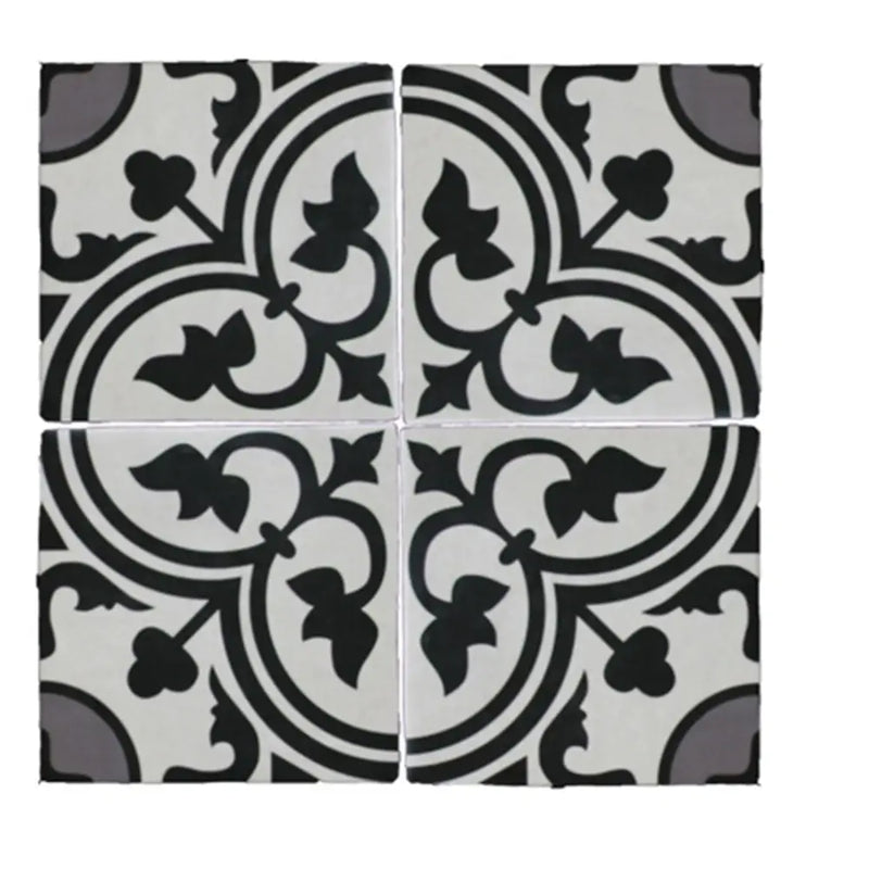 Zwart-witte Rioja Decor vloertegels met een quatrefoil bloemenpatroon