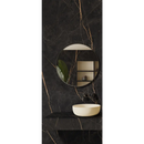Ronde wandspiegel met wastafel op donker marmer, Saint Laurent mat 120x120