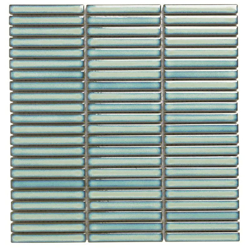 Turquoise glass mosaic tiles in horizontal rows for SEF 12525 light green speckle