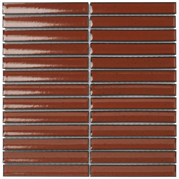 Reddish-brown horizontal slats with metal dividers in Terra Red Glossy finish