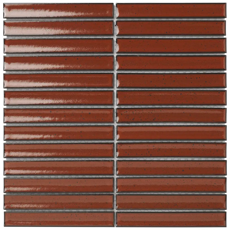 Reddish-brown horizontal slats with metal dividers in Terra Red Glossy finish