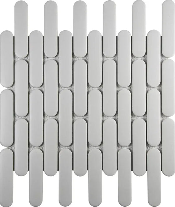 Mosaic tegelsheet met lichtgrijze, pillvormige keramiekelementen voor seo23140 white matt