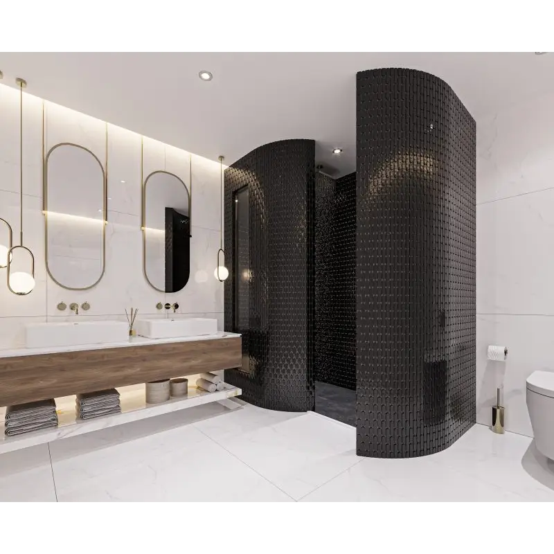 Curved black matt mosaic tile shower enclosure with cylindrical walls in SEO23925