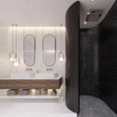 Moderne badkamer met zwarte matte tegels en een drijvende wastafel voor SEO23925