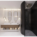 Moderne badkamer met zwarte matte wastafel, hangende houten kast en ovalen spiegels