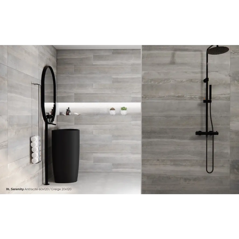 Matte black pedestal sink with round mirror in Serenity Greige 60x120 Rett style