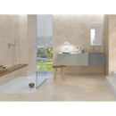 Moderne minimalistische badkamer met Shins Crema mat 75x75 en zwevende wastafel