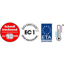 Vier certificeringslogo’s op een witte plastic container Sopro GD 749 Voorstrijk