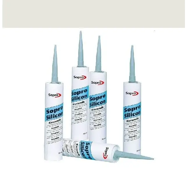 Witte silicone sealant tubes met blauwe tekst in de Sopro Silicone Kit Lichtgrijs