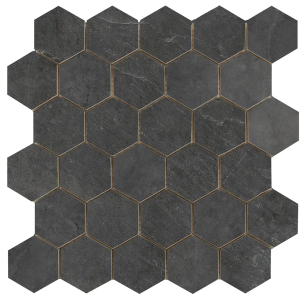 Dark gray hexagon mozaïek met gouden grout in honingraat patroon, Statale Black Hexagon