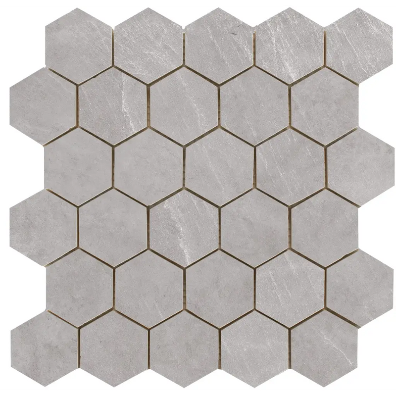 Statale Greige hexagon mozaïek met grijze hexagonale tegels en dunne voeglijnen