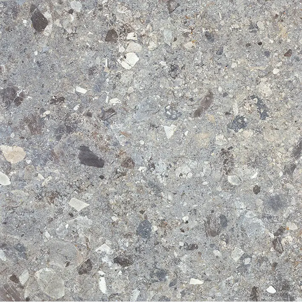 Grijze terrazzo tegel Stone Grey 60x60 rett met donkere en lichte aggregate