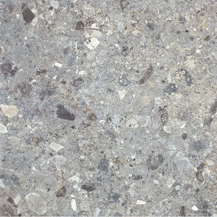 Grijze terrazzo tegel Stone Grey 60x60 rett met donkere en lichte aggregate
