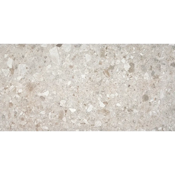 Lichtgrijze Stone Mist 30x60 rett terrazzo met hoekige, veelkleurige aggregaat
