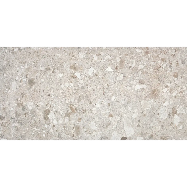 Lichtgrijze Stone Mist 60x120 terrazzo met witte, grijze en bruine aggregate