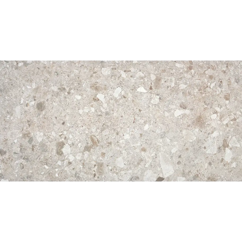 Lichtgrijze Stone Mist 60x120 terrazzo met witte, grijze en bruine aggregate