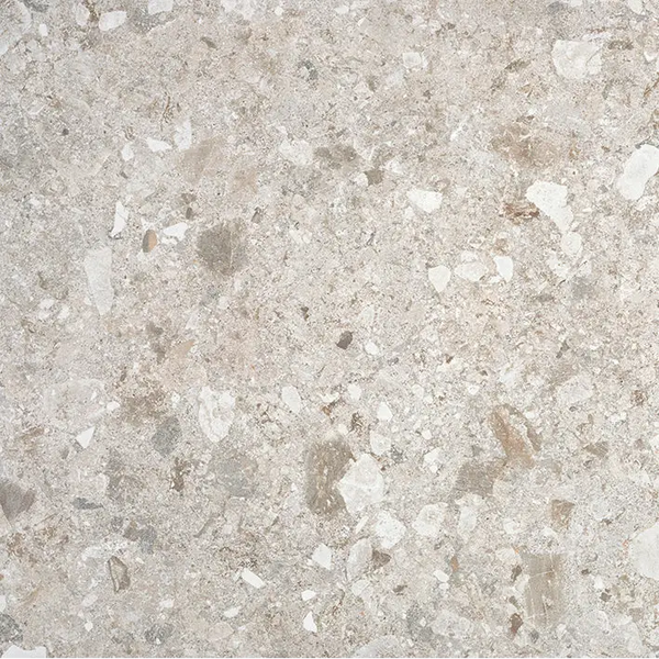 Lichtgrijze Stone Mist 60x60 rett terrazzo tegel met kleurrijke steenchips