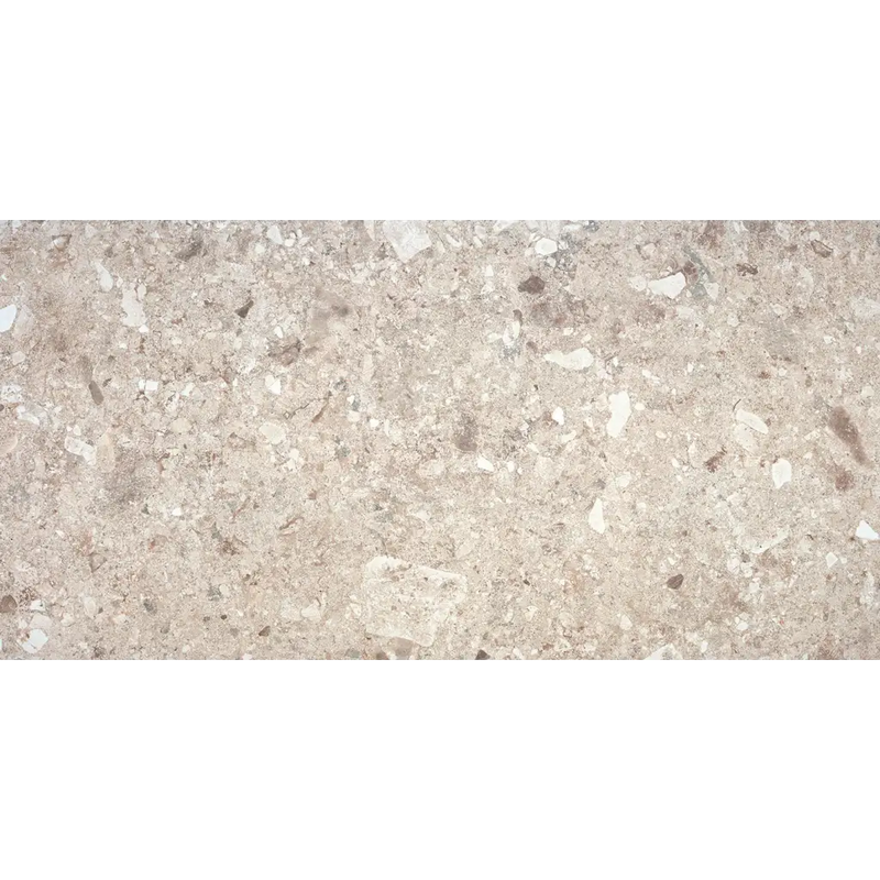 Lichtbruine, gevlekte terrazzo tegel Stone Nut 60x120 rett met witte, donkere bruine en grijze aggregate