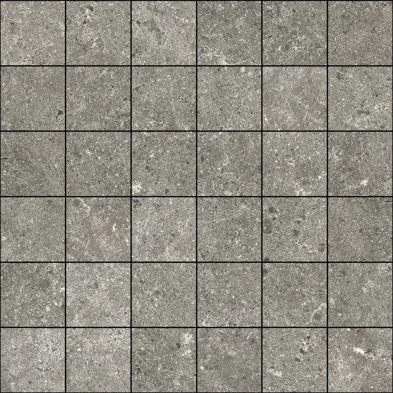 Grey stone tiles in a grid pattern from Stoneland Grey Mozaiek 5x5 op net