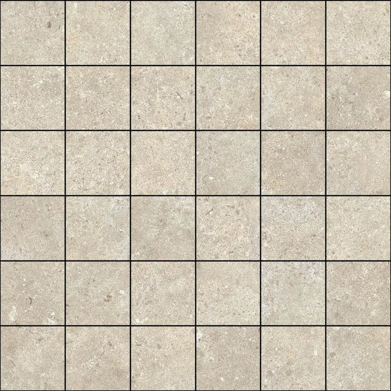 Beige stenen tegelpatroon met donkere voeglijnen van Stoneland Ivory Mozaiek 5x5