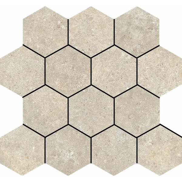 Beige hexagon mozaïek met een honingraatpatroon van Stoneland Ivory mozaïek 29x27cm