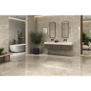 Moderne minimalistische badkamer met Syrah Ivory Pulido 60x120, vrijstaand bad en wandmeubel