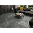 Circulaire koffietafel met marmeren blad en zwart metalen frame, Syrah Natural Pulido