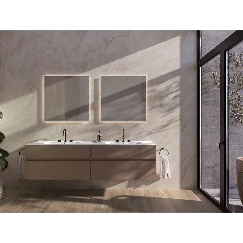 Dubbele wastafel badkamer met Taj Mahal Nature mat 120x120, verlichte spiegels, zwarte kranen