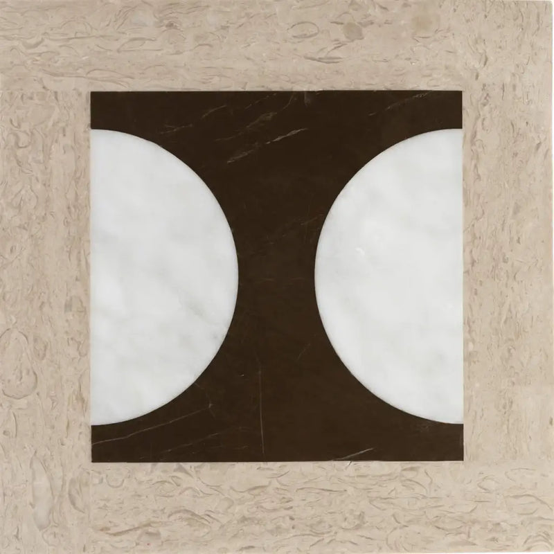 Tarinda 30x30 cm vloertegels met vierkante mozaïektegel, wit marmer en donkere bruine aderen, beige randwandtegels