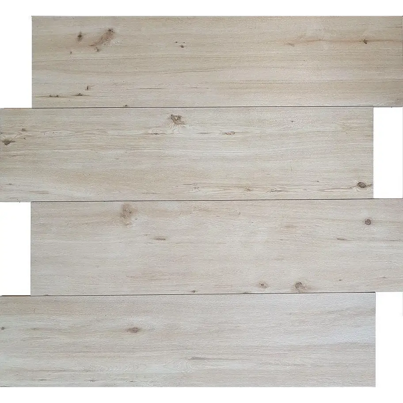 Lichte houten planken in een verspringend patroon van Terrastegel Padouk White 30x120