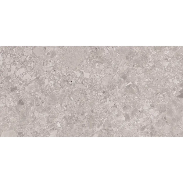 Grijze terrazzo oppervlak met speckled patroon van Terrastegel Reload Grey 60x120