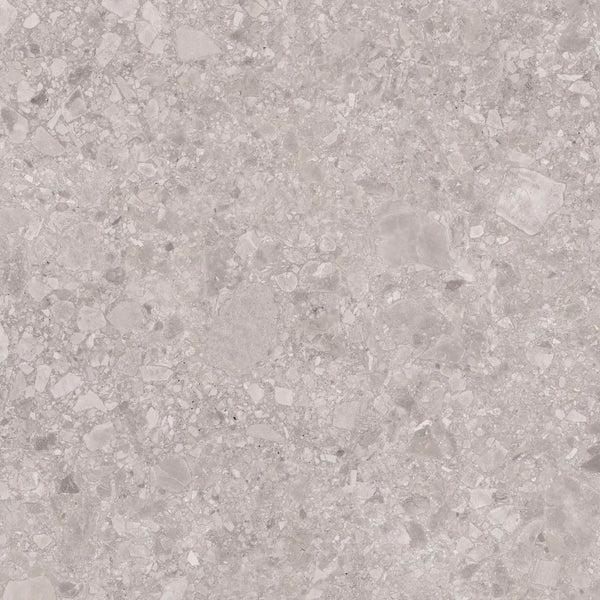 Grijze terrazzo oppervlak met gemêleerd textuur voor Terrastegel Reload Grey 60x60