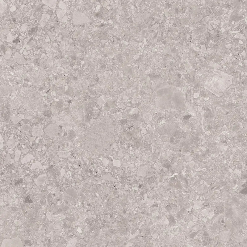 Grijze terrazzo oppervlak met gemêleerd textuur voor Terrastegel Reload Grey 60x60