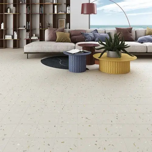 Romige terrazzo tegels met mooie 60x120 flecks in Croccante Tutti Frutti